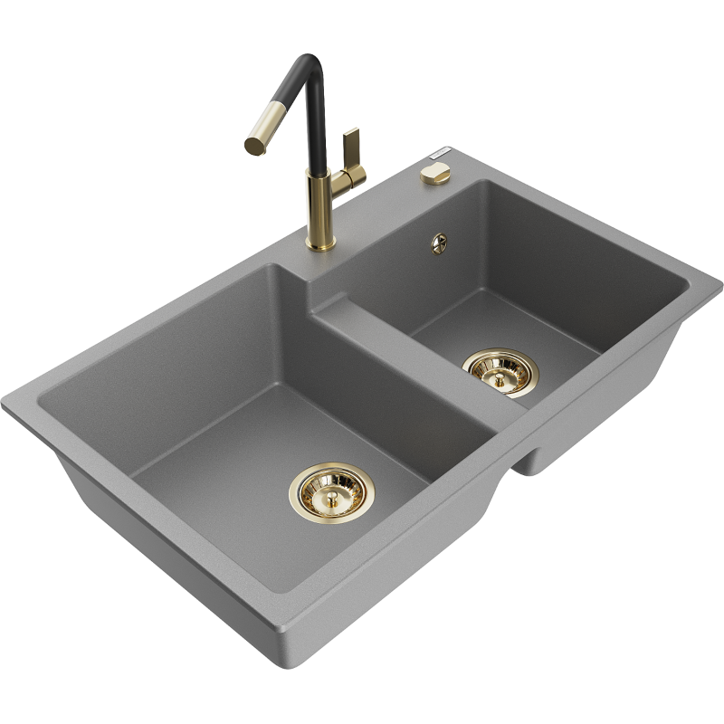 Mexen Tomas granito plautuvė su 2 sekcijomis ir virtuviniu maišytuvu Flora, pilka - 6516-71-670401-57-G