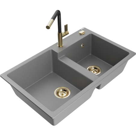 Mexen Tomas granito plautuvė su 2 sekcijomis ir virtuviniu maišytuvu Flora, pilka - 6516-71-670401-57-G