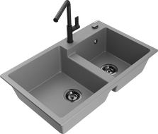 Mexen Tomas granitinė dviejų dalių virtuvinė kriauklė su Flora maišytuvu, pilka - 6516-71-670401-70-B