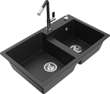 Mexen Tomas dviejų skyrių granitinis plautuvas su Flora virtuvės maišytuvu, juodas/sidabrinis metalikas - 6516-73-670401-07