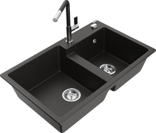 Mexen Tomas granitinė dviejų kamerų plautuvė su Flora virtuviniu maišytuvu, juoda/auksinis metalikas - 6516-75-670401-07