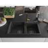 Mexen Tomas 2 skyrių virtuvinė granitinė plautuvė su Flora baterija, juoda/auksiniai metalo atspalviai - 6516-75-670401-57-B