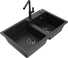 Mexen Tomas granito plautuvė 2-jų dalių su virtuviniu maišytuvu Flora, juoda/auksinis metalikas - 6516-75-670401-70-B