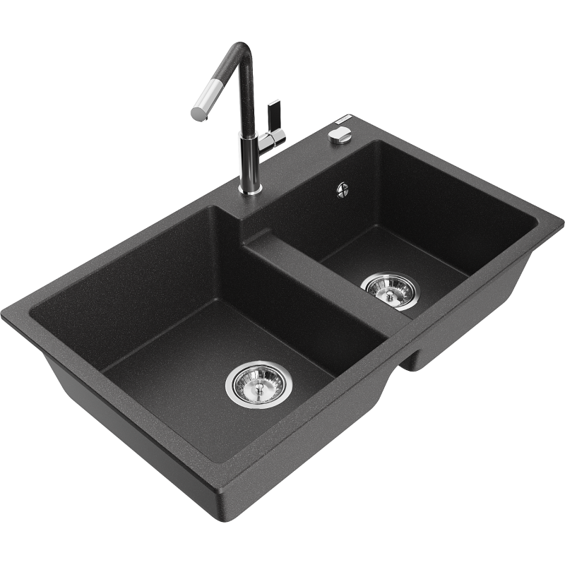 Mexen Tomas granitinis dviejų skyrių plautuvė su virtuvės maišytuvu Flora, juoda taškuota - 6516-76-670401-08