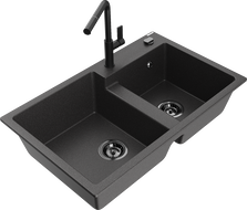 Mexen Tomas granito dviejų skyrių plautuvė su virtuviniu maišytuvu Flora, juoda taškuota - 6516-76-670401-70-B