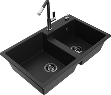 Mexen Tomas granitinė dviejų skyrių plautuvė su virtuviniu maišytuvu Flora, juoda - 6516-77-670401-07-B