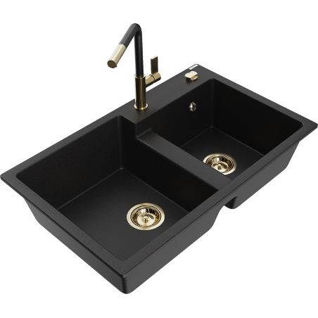 Mexen Tomas granitinė dviejų skyrių plautuvė su Flora virtuvės maišytuvu, juoda - 6516-77-670401-57-G