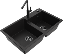 Mexen Tomas dviejų kamerų granitinė virtuvės kriauklė su Flora maišytuvu, juoda - 6516-77-670401-70-B