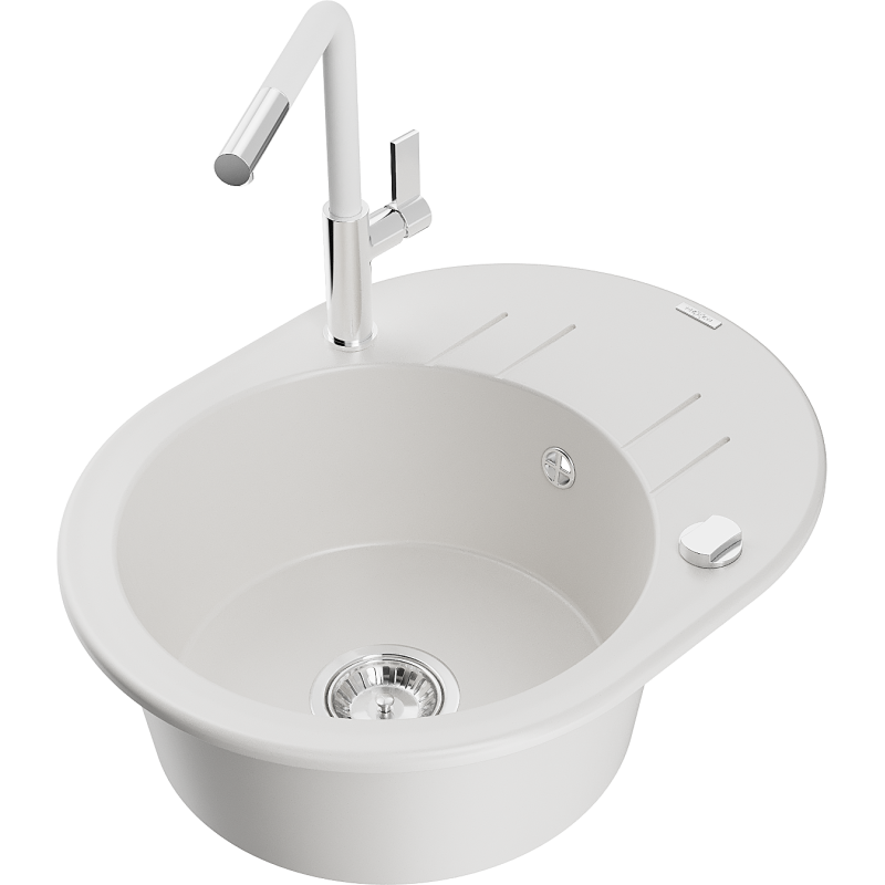 Mexen Kevin granitinė vienos kameros plautuvė su nuvarvėjimo lentynėle ir Flora virtuviniu maišytuvu, balta