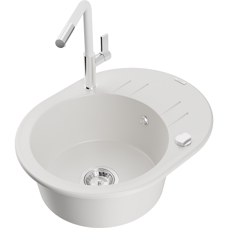 Mexen Kevin granitinė vienos kameros plautuvė su nuvarvėjimo lentynėle ir Flora virtuviniu maišytuvu, balta