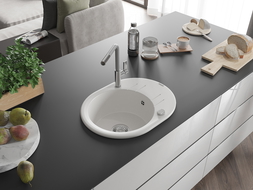 Mexen Kevin vienos kameros granitinė kriauklė su nutekėjimu ir virtuviniu maišytuvu Flora, balta - 6517-20-670401-06