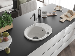 Mexen Kevin granitinis vienos kameros plautuvas su nutekėjimu ir virtuviniu maišytuvu Flora, baltas - 6517-20-670401-07-B