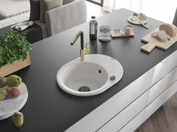 Mexen Kevin vienos kameros granito kriauklė su nusausintuvu ir virtuviniu maišytuvu Flora, balta - 6517-20-670401-57-B