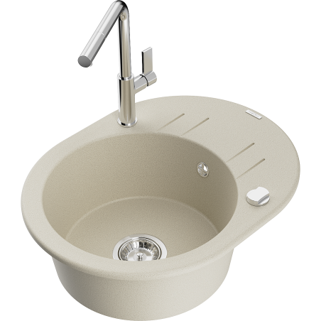 Mexen Kevin granitinė vienos kameros plautuvė su nuvarvėjimo paviršiumi ir Flora virtuviniu maišytuvu, smėlio spalvos