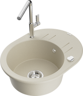 Mexen Kevin granitinė vienos kameros plautuvė su nuvarvėjimo paviršiumi ir Flora virtuviniu maišytuvu, smėlio spalvos