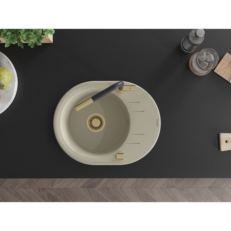 Mexen Kevin granitinė 1 dubens kriauklė su nuožulna ir virtuvės maišytuvu Flora, smėlio - 6517-69-670401-57-G