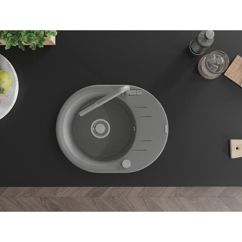 Mexen Kevin granitinis praustuvas su viena plautuve ir išvarvėjimu bei virtuviniu Flora maišytuvu, pilkas - 6517-71-670401-06