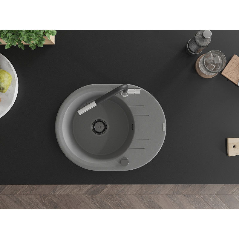 Mexen Kevin granitinis vienos kameros plautuvės su nutekamąja dalimi ir virtuviniu maišytuvu Flora, pilka - 6517-71-670401-07-B