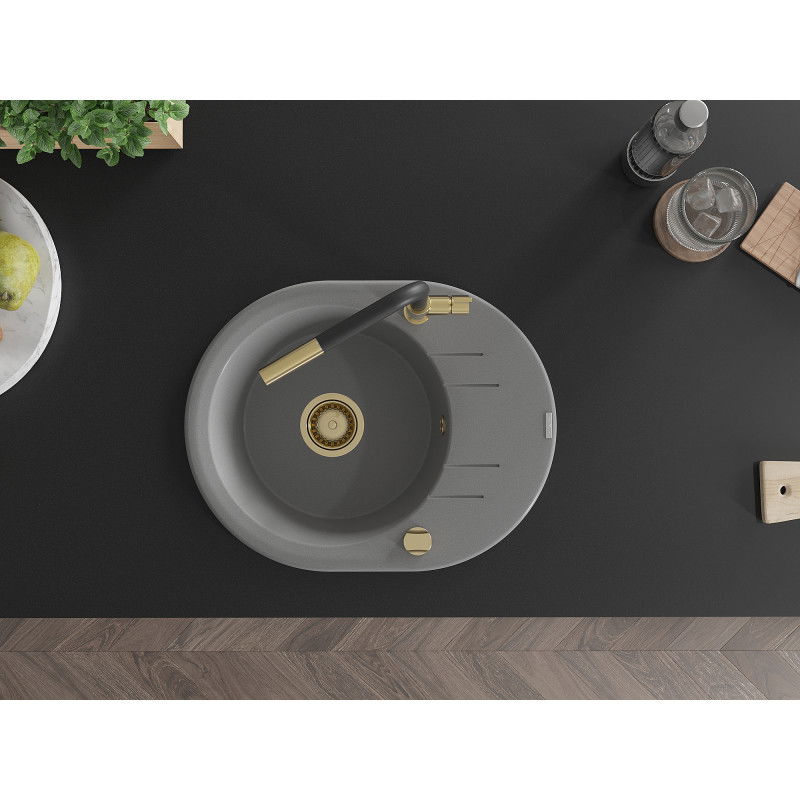 Mexen Kevin granito vienos dalies virtuvės plautuvė su nusausintuvu ir Flora virtuvės maišytuvu, pilka - 6517-71-670401-57-G