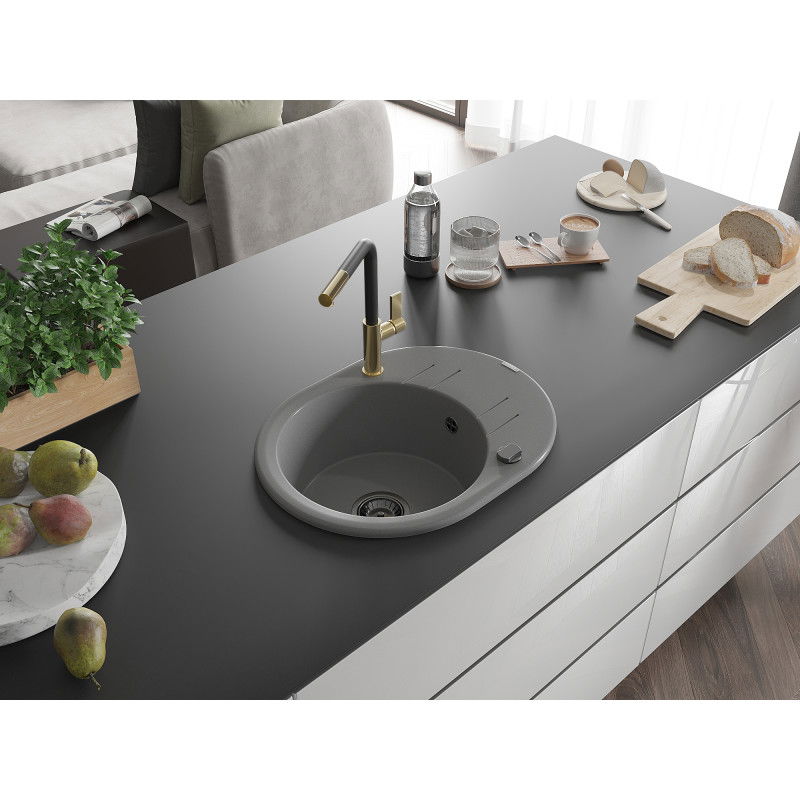 Mexen Kevin granito plautuvė vienos kameros su nusausintoju ir virtuvės maišytuvu Flora, pilkas - 6517-71-670401-57-B
