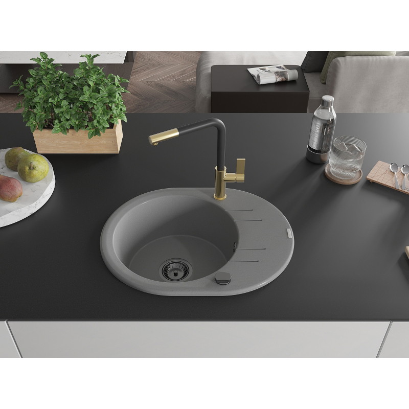 Mexen Kevin granitinė vienos kameros plautuvė su nutekėjimo padėklu ir virtuviniu maišytuvu Flora, pilka