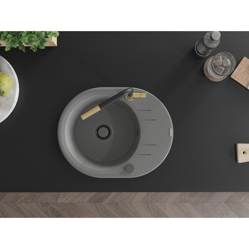 Mexen Kevin granito plautuvė vienos kameros su nusausintoju ir virtuvės maišytuvu Flora, pilkas - 6517-71-670401-57-B