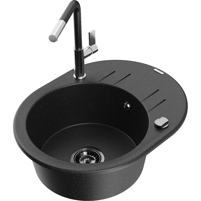 Mexen Kevin granitinė vienos kameros plautuvė su lašintuvu ir virtuviniu maišytuvu Flora, juoda/sidabrinė metalika