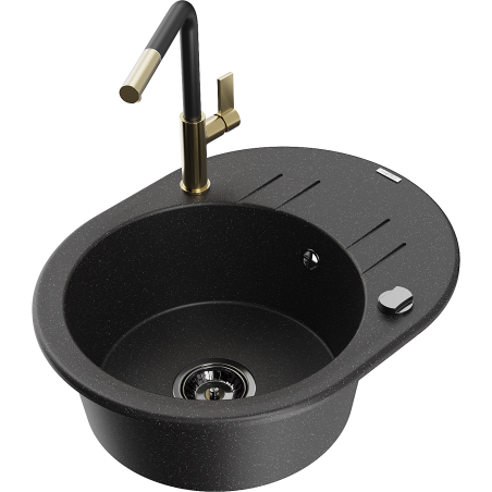 Mexen Kevin vieno dubens granito kriauklė su drenažu ir Flora virtuviniu maišytuvu, juoda/sidabro spalvos metalikas