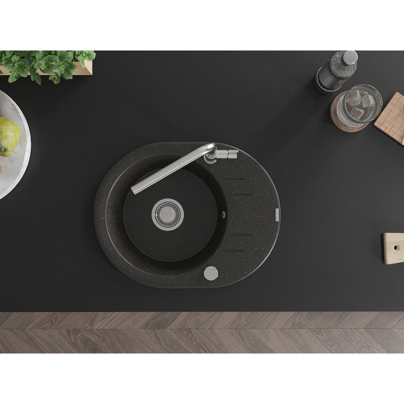 Mexen Kevin granitinė vienos kameros kriauklė su nutekantyvu ir Flora virtuviniu maišytuvu, juoda/auksinė metalo spalva