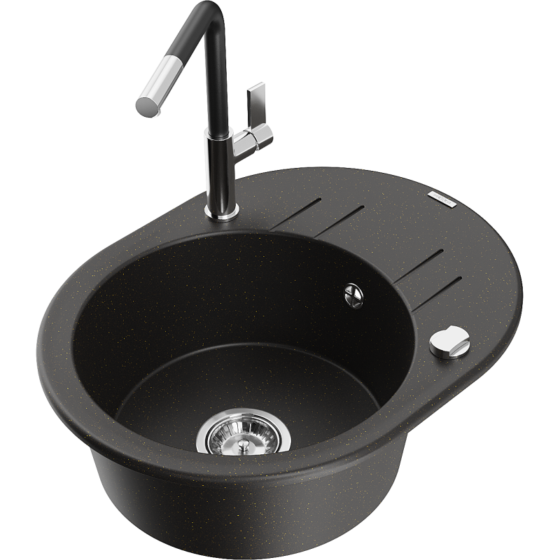 Mexen Kevin granitinė vienos kameros virtuvės plautuvė su nuašlietinimu ir Flora virtuves maišytuvu, juoda/auksinio metalo