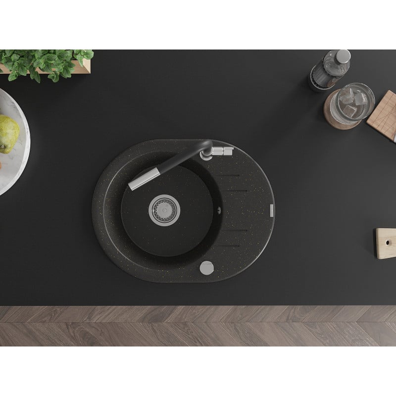 Mexen Kevin granitinė vienos kameros virtuvės plautuvė su nuašlietinimu ir Flora virtuves maišytuvu, juoda/auksinio metalo