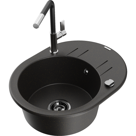 Mexen Kevin granitinė vienos kameros kriauklė su nusausintuvu ir virtuviniu maišytuvu Flora, juodas/auksinis metalikas