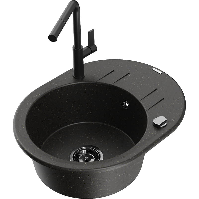 Mexen Kevin granitinė kriauklė su vienu skyriumi, su nusausinimo lentete ir virtuviniu maišytuvu Flora, juoda/auksinis