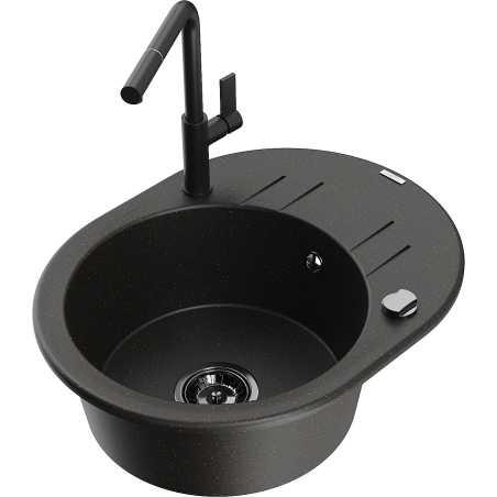 Mexen Kevin granitinė kriauklė su vienu skyriumi, su nusausinimo lentete ir virtuviniu maišytuvu Flora, juoda/auksinis