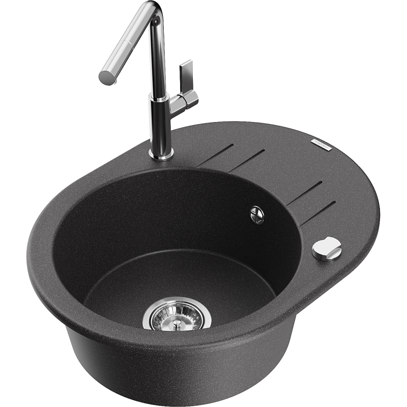 Mexen Kevin granitinė vienos plautuvės kriauklė su nutekamąja skyle ir Flora virtuviniu maišytuvu, juoda su dėmėmis