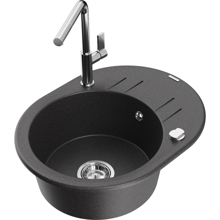 Mexen Kevin granitinė vienos plautuvės kriauklė su nutekamąja skyle ir Flora virtuviniu maišytuvu, juoda su dėmėmis