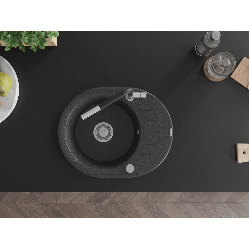 Mexen Kevin granitinė vienos kameros kriauklė su nusausintuvu ir virtuviniu maišytuvu Flora, juoda dėmėta