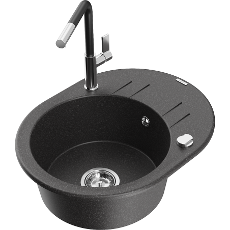 Mexen Kevin granitinė vienos kameros kriauklė su nusausintuvu ir virtuviniu maišytuvu Flora, juoda dėmėta