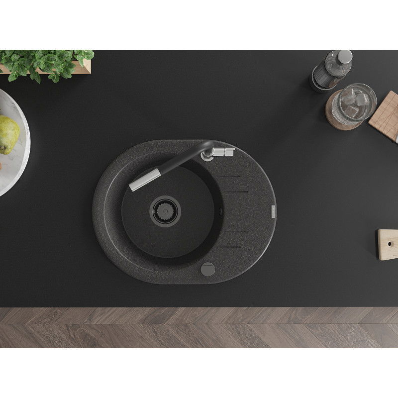 Mexen Kevin granito plautuvė 1-dubuo su drenažu ir Flora virtuvės maišytuvu, juoda taškuota - 6517-76-670401-07-B