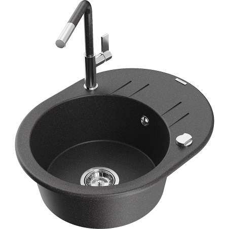 Mexen Kevin granitinė vienos kameros plautuvė su nusausinimo plokšte ir Flora virtuvės maišytuvu, juoda dėmėta