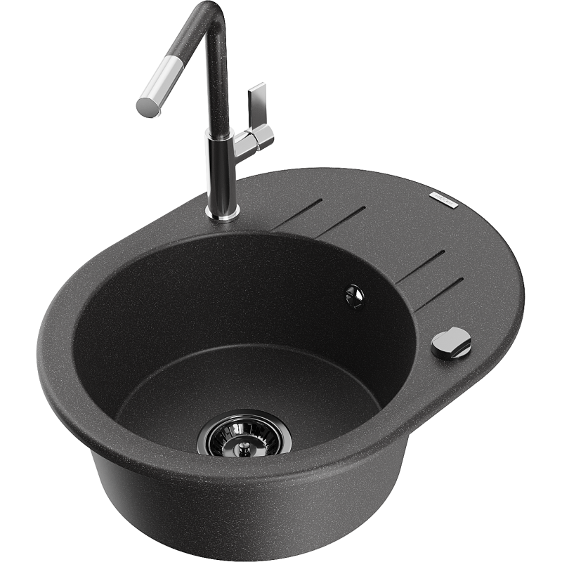 Mexen Kevin granitinė plautuvė su viena kamera su nusausintuvu ir virtuvės maišytuvu Flora, juoda su taškeliais