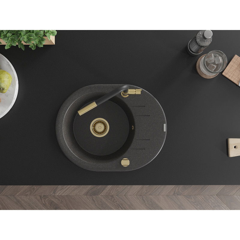 Mexen Kevin granito kriauklė 1-jungtinė su nusausintuvu ir virtuviniu maišytuvu Flora, juoda taškuota - 6517-76-670401-57-G