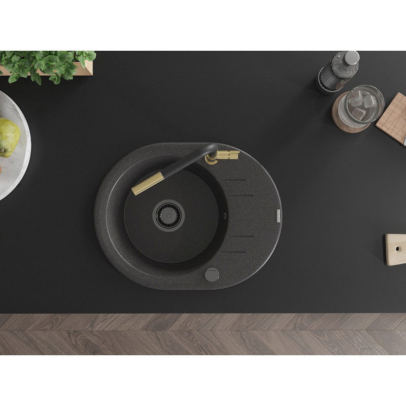 Mexen Kevin granitinė 1-dubens kriauklė su nusausintuvu ir virtuviniu Flora maišytuvu, juoda dėmėta - 6517-76-670401-57-B