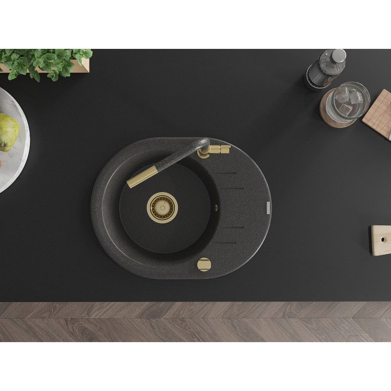 Mexen Kevin granitinė vienos komoros plautuvė su lašintuvu ir virtuviniu maišytuvu Flora, juoda su dėmėmis