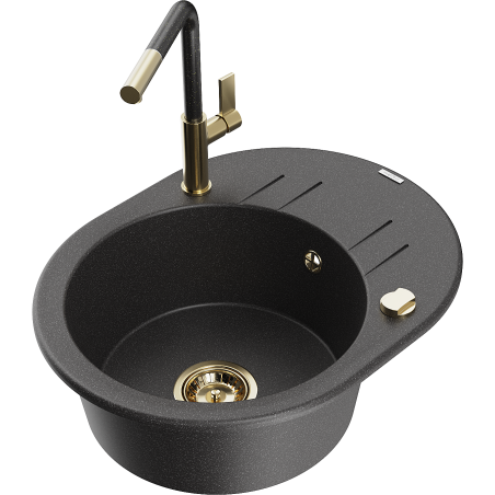 Mexen Kevin granitinė vienos komoros plautuvė su lašintuvu ir virtuviniu maišytuvu Flora, juoda su dėmėmis