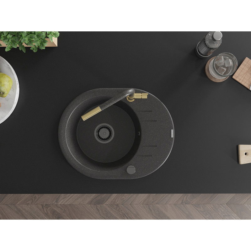 Mexen Kevin vienos dalies granitinė kriauklė su nusausintuvu ir Flora virtuviniu maišytuvu, juoda su taškeliais