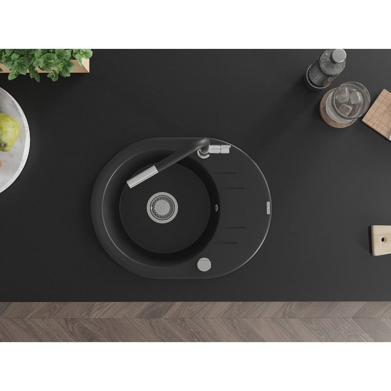 Mexen Kevin granitinis vienos talpos virtuvės kriauklė su džiovykle ir Flora virtuviniu maišytuvu, juoda - 6517-77-670401-07