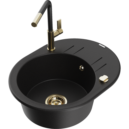 Mexen Kevin granito plautuvė vienos kriauklės su nutekamu ir virtuviniu maišytuvu Flora, juoda - 6517-77-670401-57-G