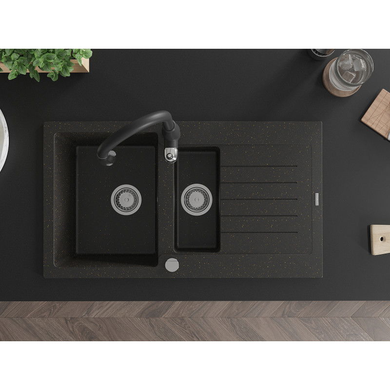 Mexen Matias granitinė 1,5 skylių plautuvė su nutekėjimu ir virtuviniu maišytuvu Savita, juoda/auksinė - 6502-75-672601-70