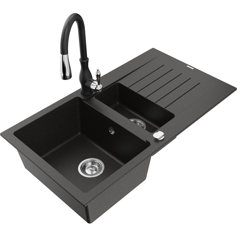 Mexen Matias granitinė 1,5 skylių plautuvė su nutekėjimu ir virtuviniu maišytuvu Savita, juoda/auksinė - 6502-75-672601-70